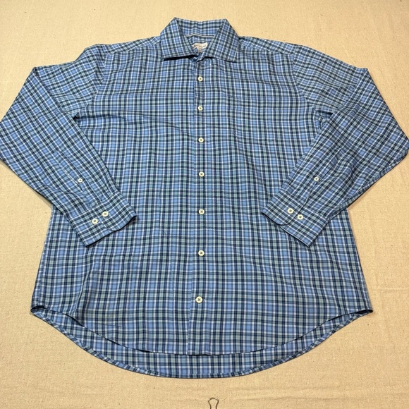 Peter Millar Shirt Men’s Size Large Blue Plaid Geometric LongSleeve Button Down - Picture 2 of 6